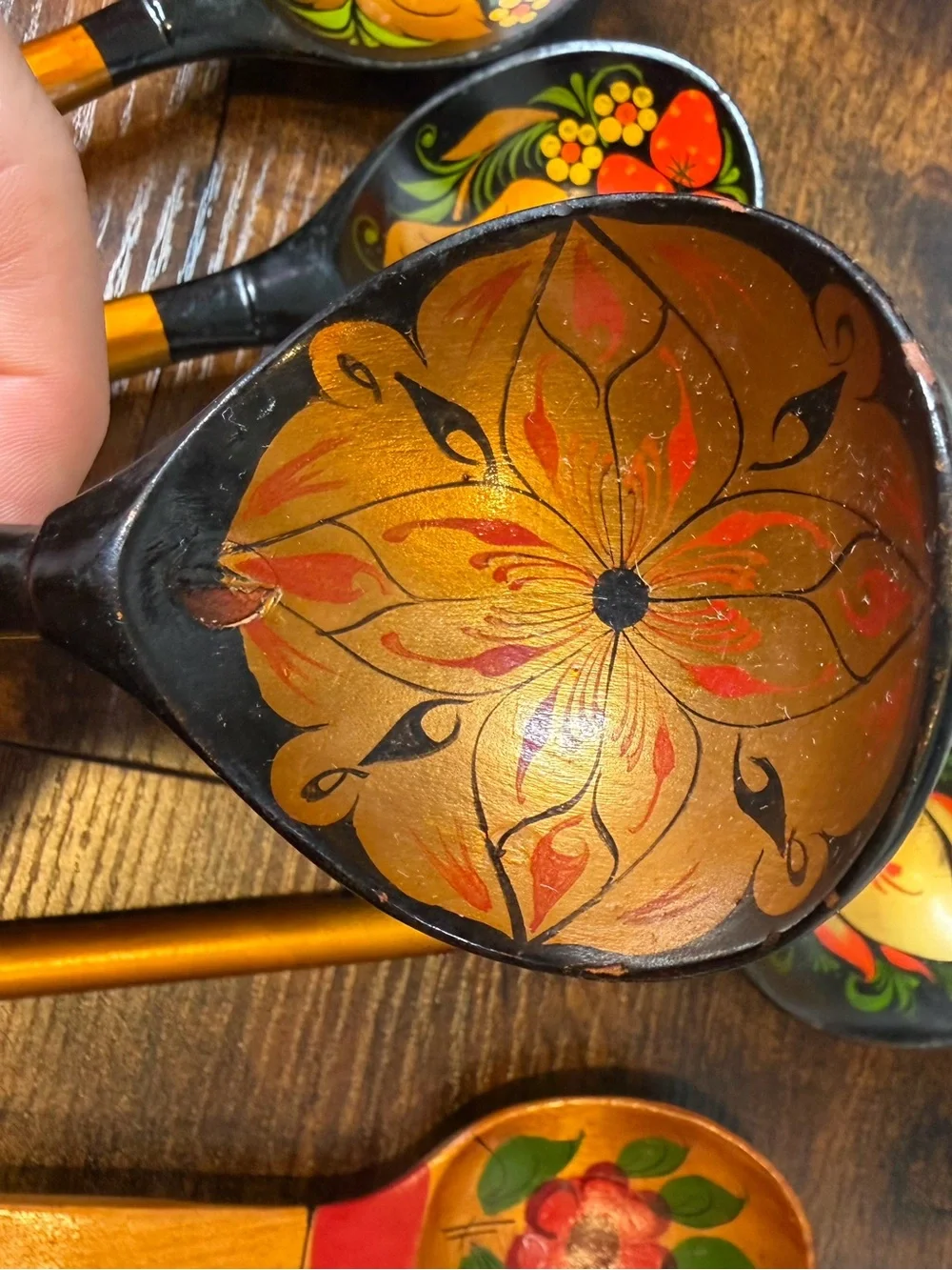 Hand-Painted Black and Gold Wooden Decorative Spoons Set of 5